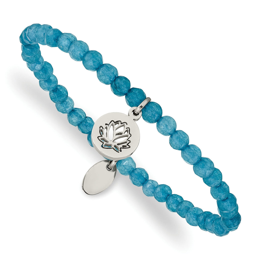 Stainless Steel Polished Lotus 4mm Blue Jade Beaded Stretch Bracelet for Women