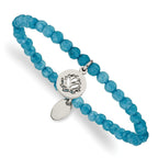 Stainless Steel Polished Lotus 4mm Blue Jade Beaded Stretch Bracelet for Women