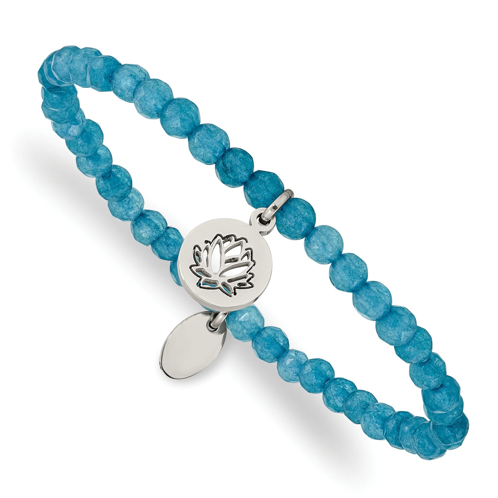 Stainless Steel Polished Lotus 4mm Blue Jade Beaded Stretch Bracelet for Women