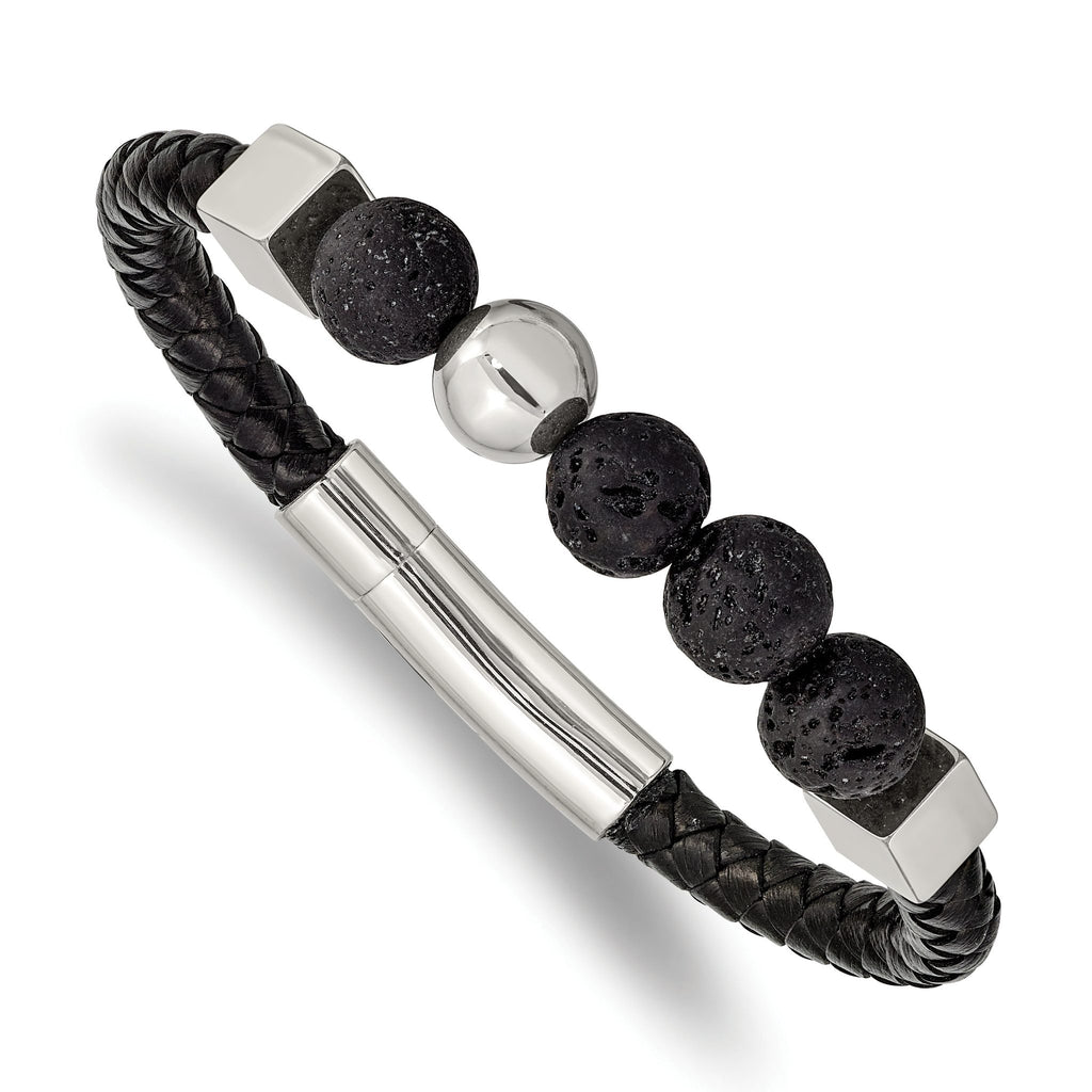 Stainless Steel Polished with Lava Stone Beads Black Leather Bracelet for Men