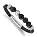 Stainless Steel Polished with Lava Stone Beads Black Leather Bracelet for Men