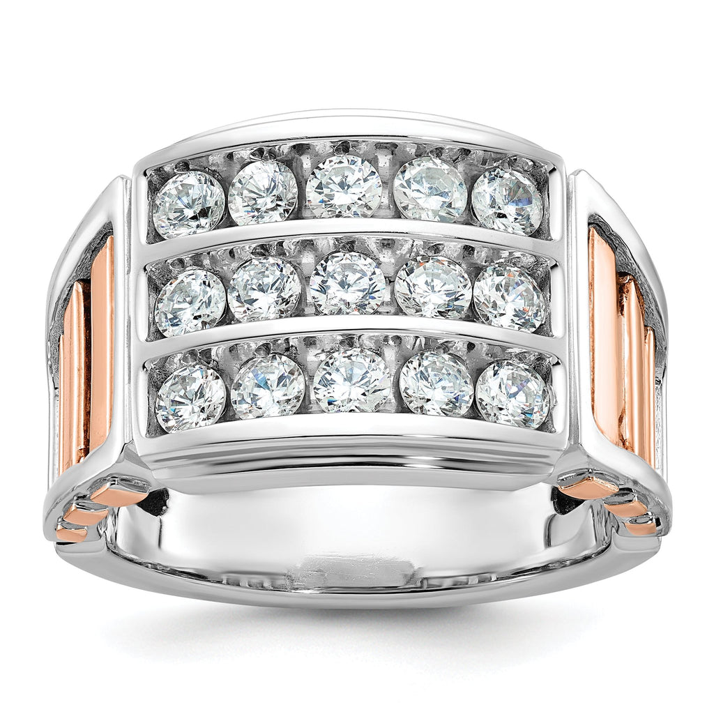 14k White and Rose Gold Mens Polished and Cut-Out 3-Row 1.5 Carat AA Quality Diamond Ring