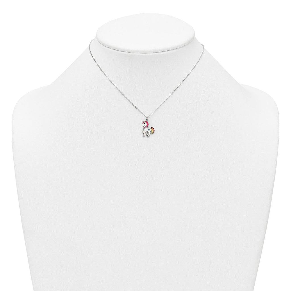 Sterling Silver Polished White and Rainbow Enameled Unicorn Childrens 14 inch Necklace