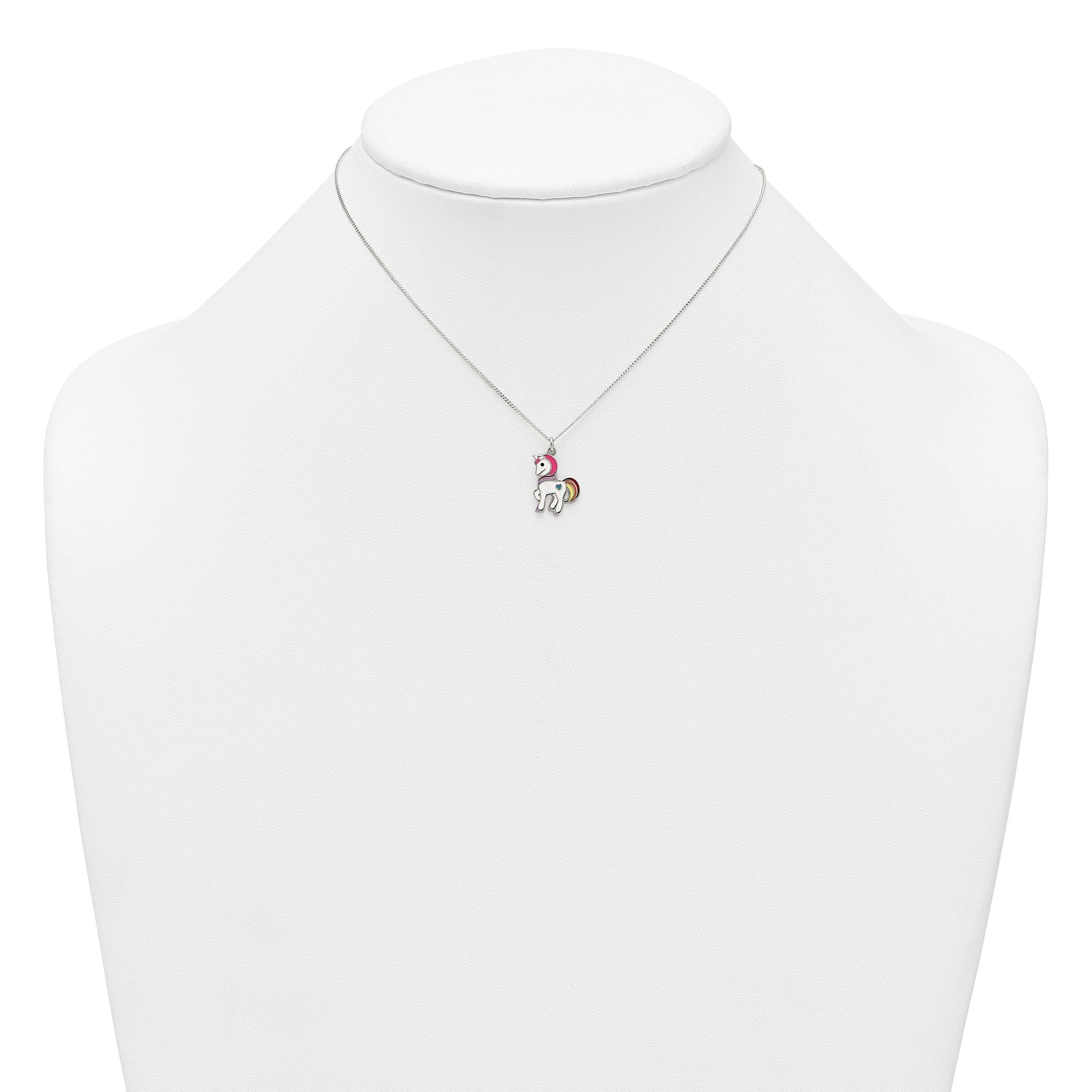 Sterling Silver Polished White and Rainbow Enameled Unicorn Childrens 14 inch Necklace