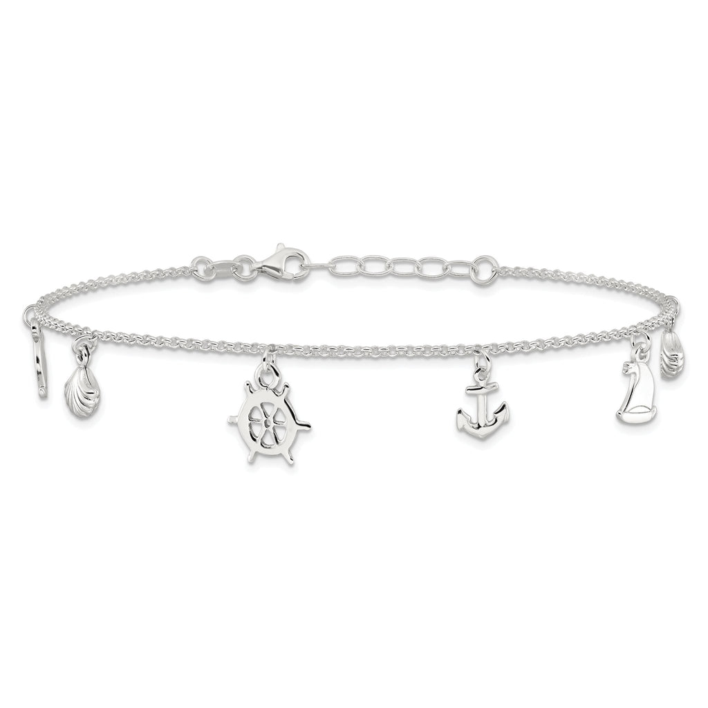 Sterling Silver Ocean Theme Charms 10 inch Plus 1 inch Extender - Total 11 inch Anklet