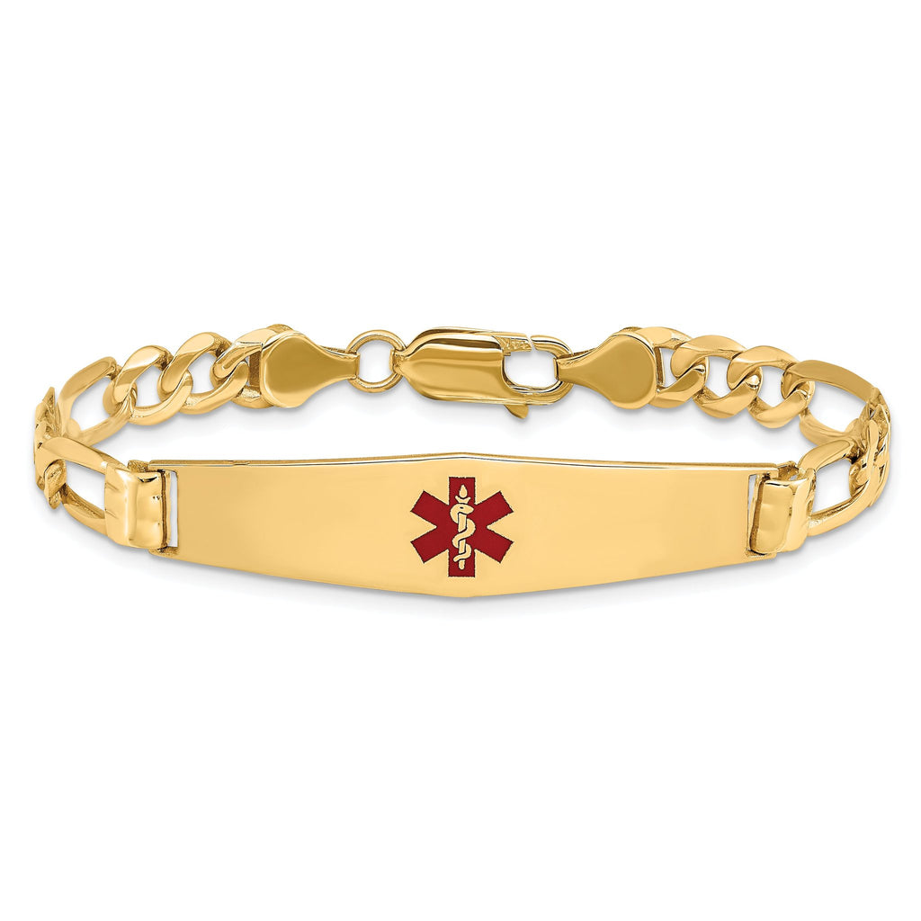 14K Medical Solid Chain/Solid Plate Soft Diamond Shape 36x9mm Centered Red Enamel Figaro Link 8 inch ID Bracelet