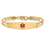14K Medical Solid Chain/Solid Plate Soft Diamond Shape 36x9mm Centered Red Enamel Figaro Link 8 inch ID Bracelet