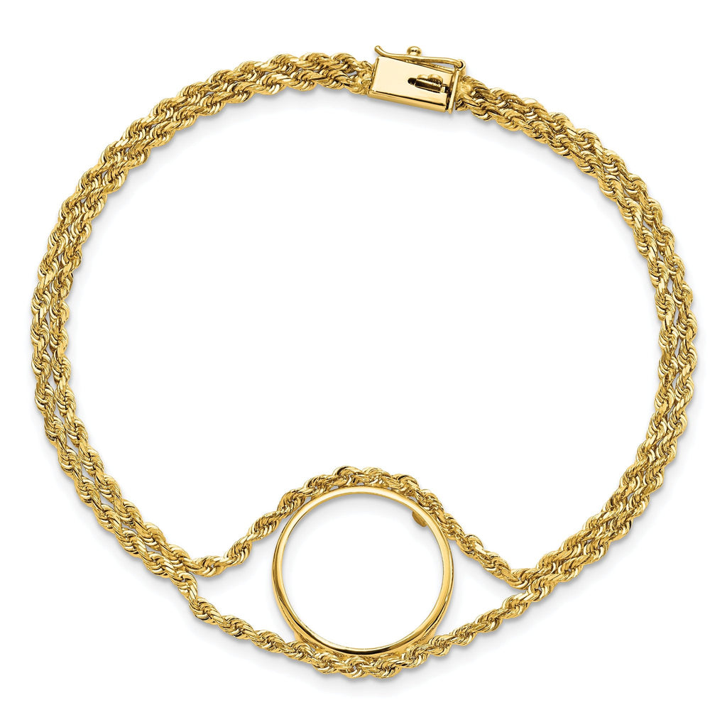 Wideband Distinguished Coin Jewelry 14k Polished Double Rope 16.5mm Prong Coin Bezel Bracelet