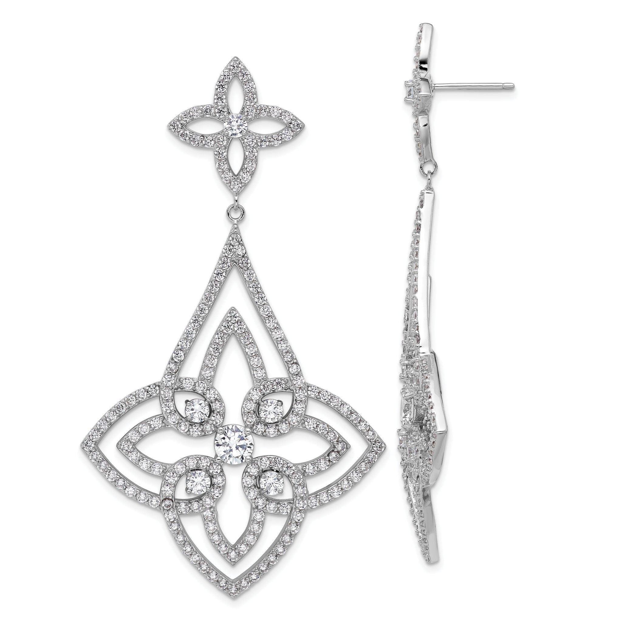 Cheryl M Sterling Silver Rhodium-plated Fancy Floral Design Brilliant-cut CZ Post Dangle Earrings Main image