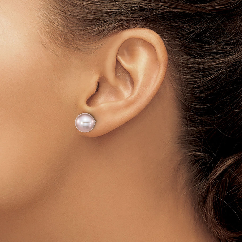 Sterling Silver Rhodium-plated 9-10mm Purple Round Freshwater Cultured Pearl Post Earring