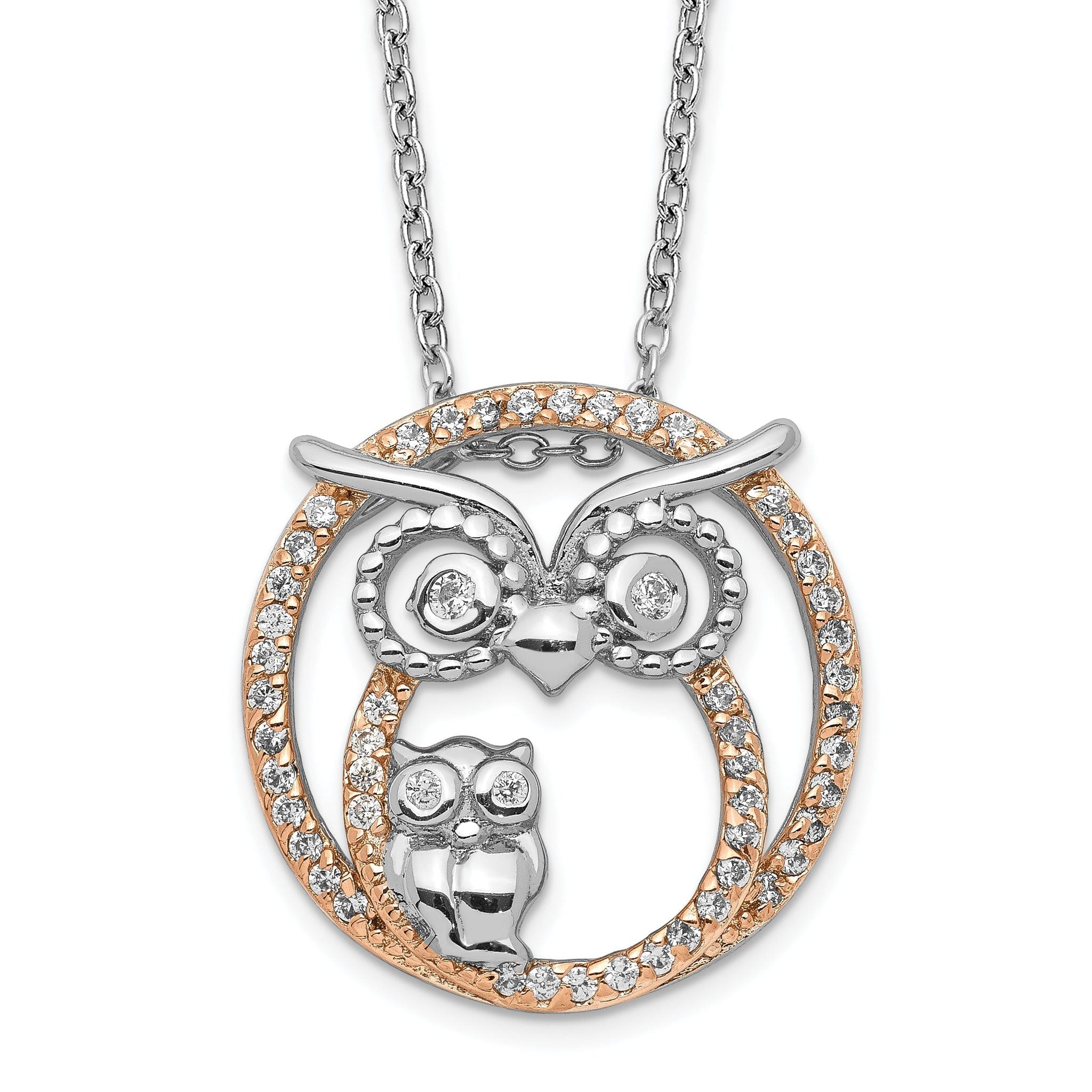 Cheryl 925 Sterling Silver Two-Tone CZ Owl Necklace Elegant Gift-Ready Design