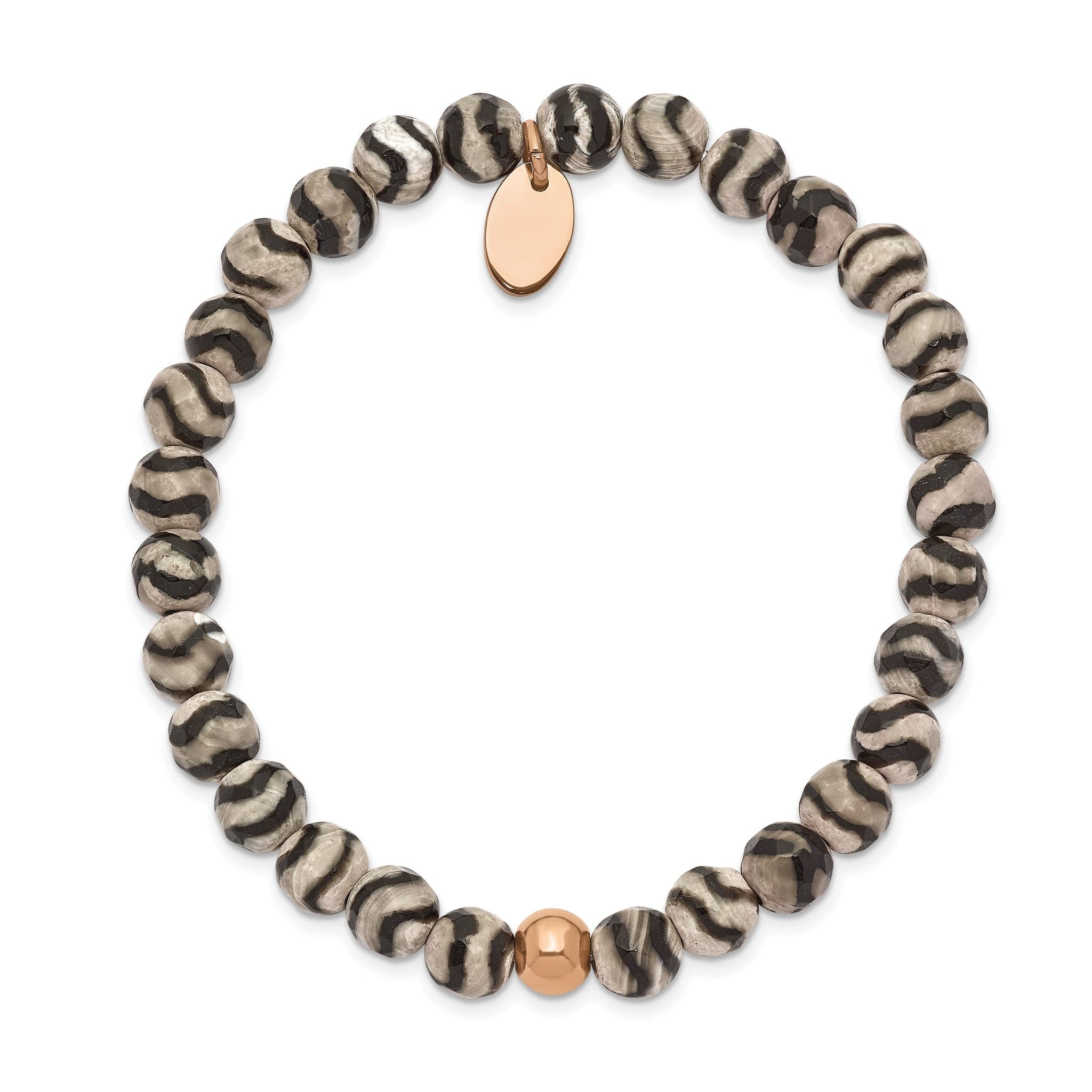 Stainless Steel Polished Rose IP-plated 6mm Black and White Striped Agate Beaded Stretch Bracelet for Women Secondary image