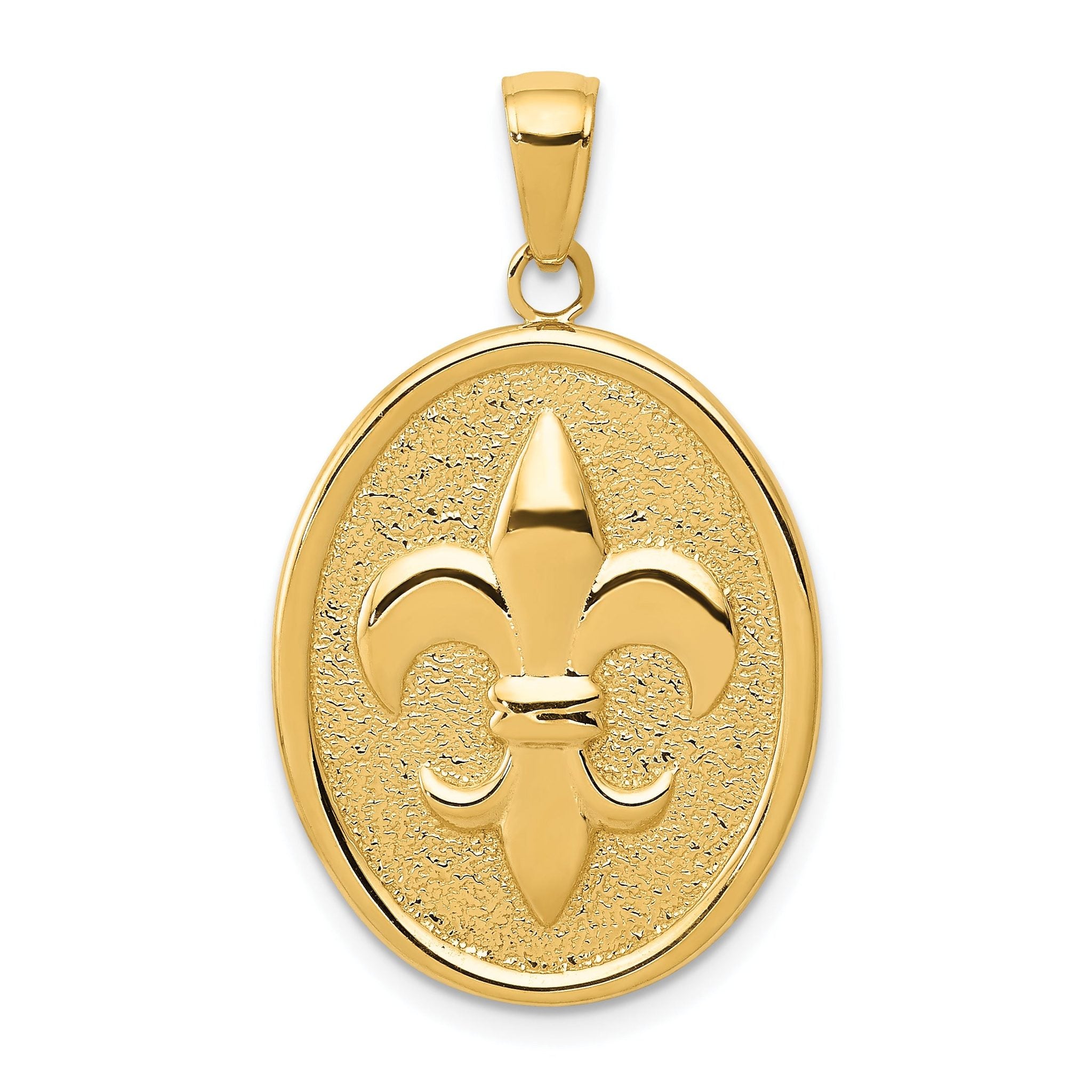 14K Gold Fleur-De-Lis Oval Pendant for Men Polished, Detailed Design