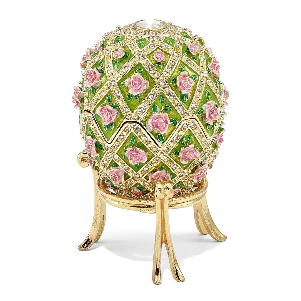 Luxury Giftware by Jere Pewter Bejeweled Crystals Gold-tone Enameled ROSE GARDEN Floral (Plays Memory) Musical Egg with Matching 18 Inch Necklace