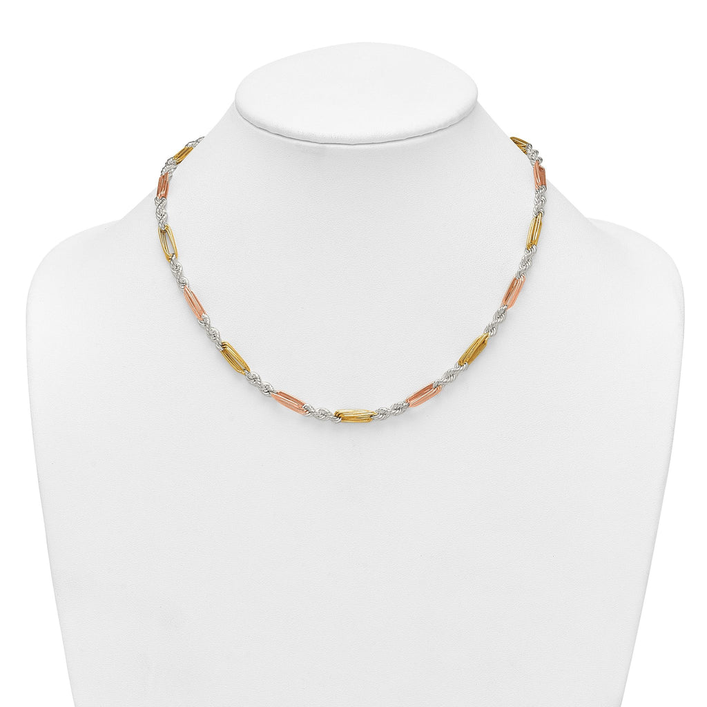 Sterling Silver Rose-tone and Gold-tone Polished 4.5mm Figaro Rope 18 Inch Necklace
