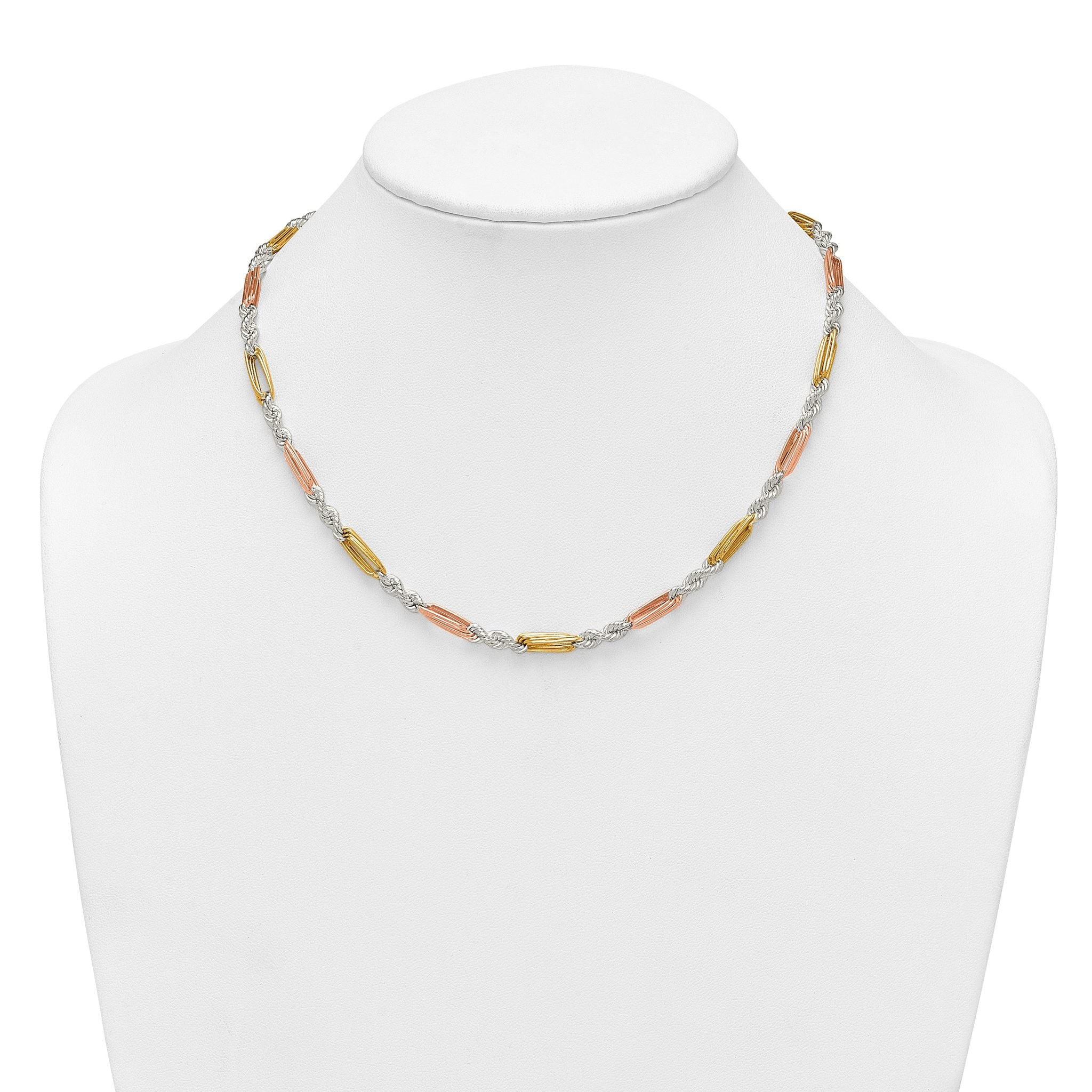 Sterling Silver Rose-tone and Gold-tone Polished 4.5mm Figaro Rope 18 Inch Necklace