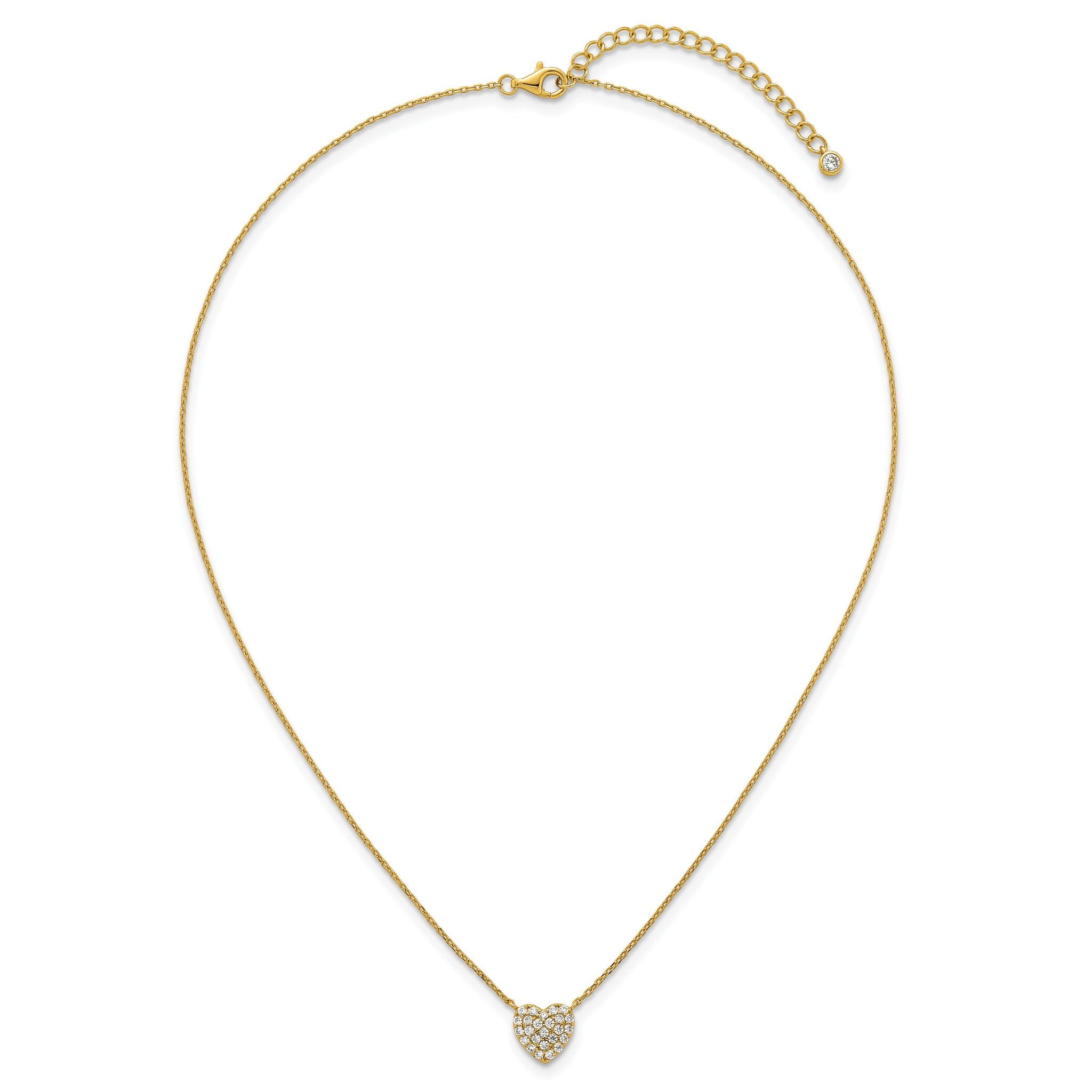 Sterling Silver Gold-tone Polished Pave CZ Heart 16 Inch with 2 Inch Extension Necklace