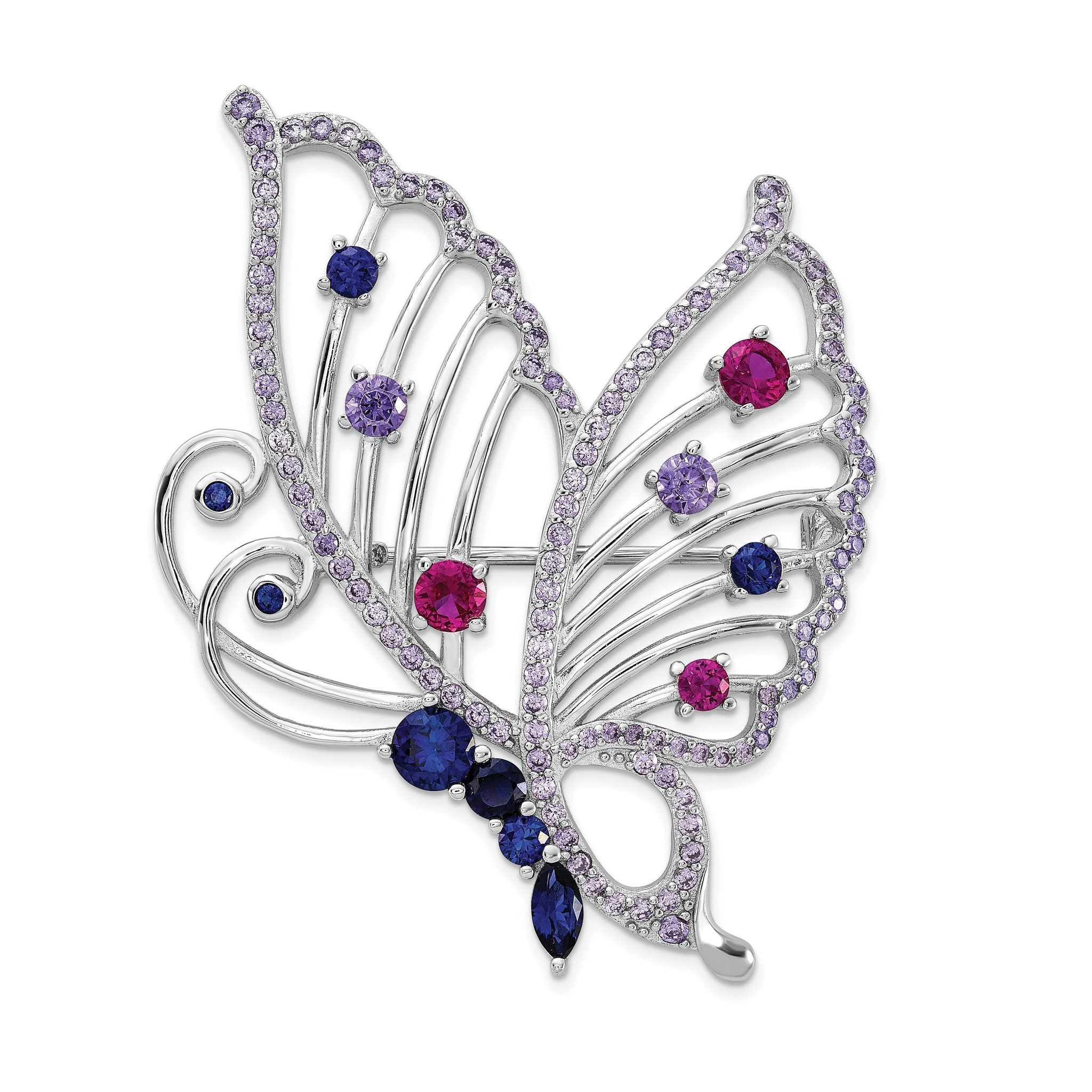 Cheryl M Sterling Silver Rhodium-plated Brilliant-cut Lab Created Ruby/Marquise-cut and Brilliant-cut Lab Created Sapphire/Brilliant-cut Purple CZ Butterfly Pin Main image
