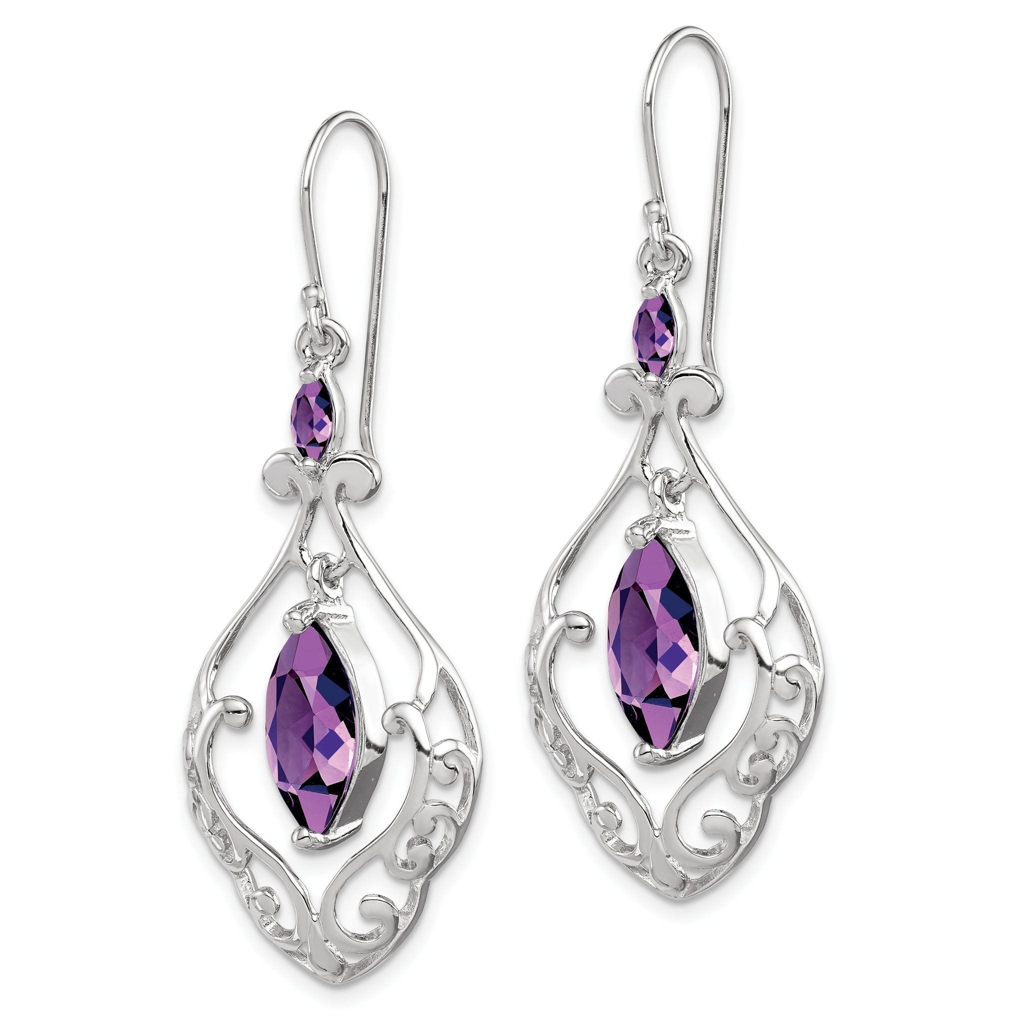 Sterling Silver Rhodium Plated Amethyst Fancy Dangle Earrings Secondary image