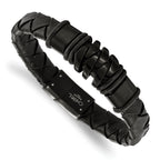 Stainless Steel Polished and Brushed Black IP-plated Black Woven Leather Bracelet