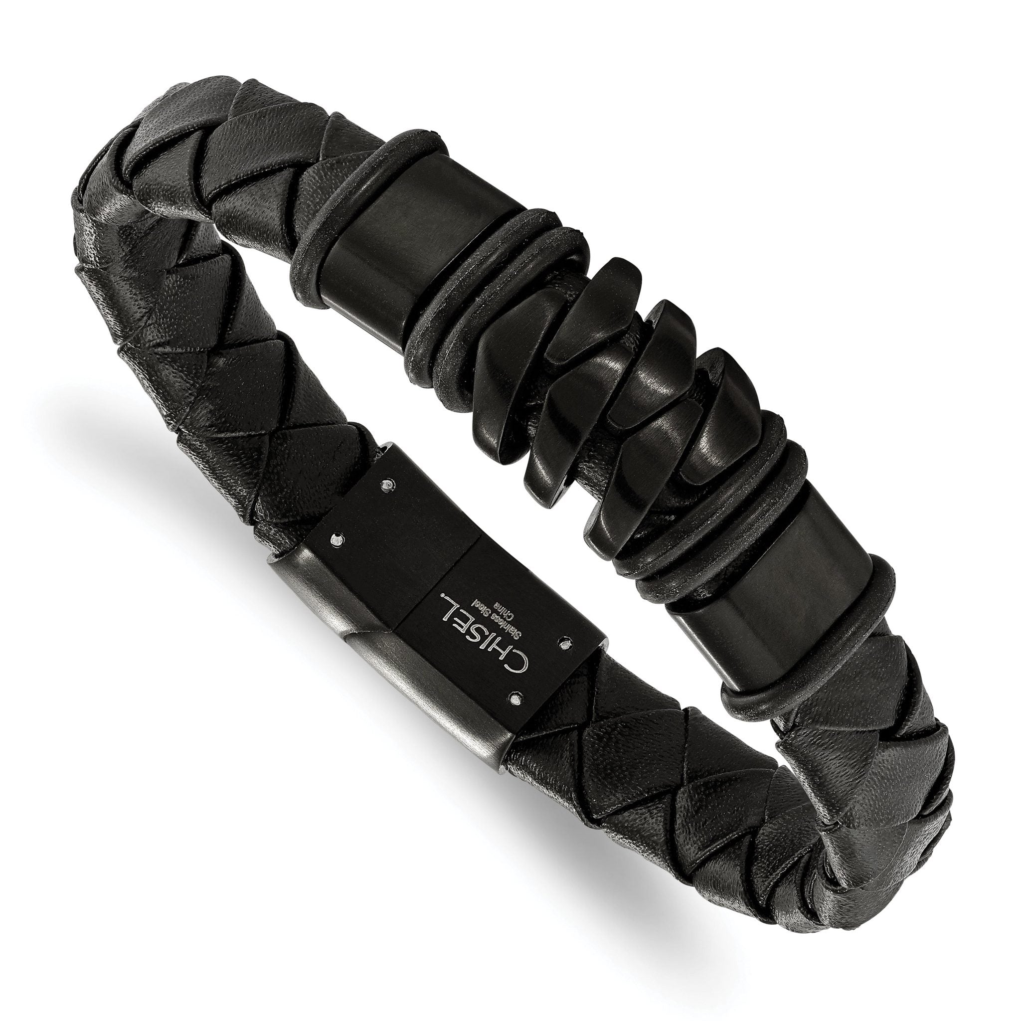 Stainless Steel Polished and Brushed Black IP-plated Black Woven Leather Bracelet