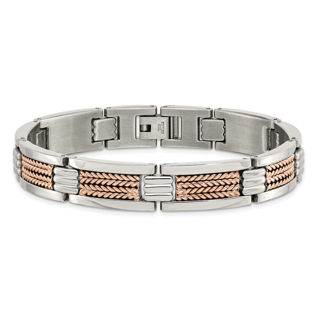 Stainless Steel Polished and Textured Rose IP-plated Link Bracelet for Men
