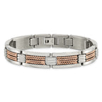 Stainless Steel Polished and Textured Rose IP-plated Link Bracelet for Men