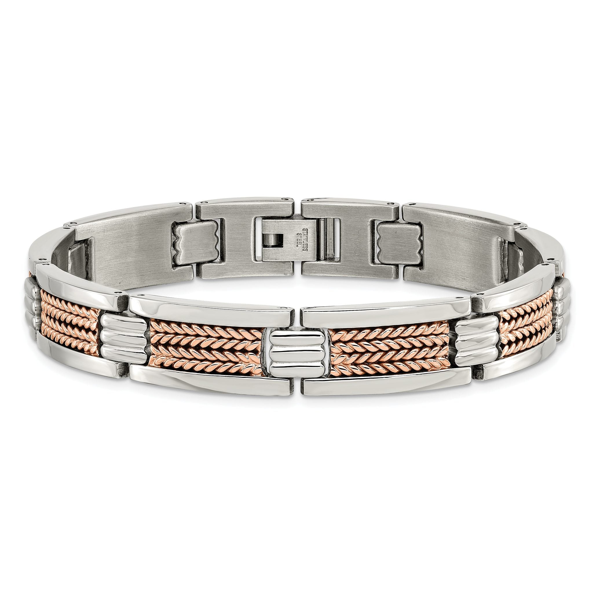 Stainless Steel Polished and Textured Rose IP-plated Link Bracelet for Men