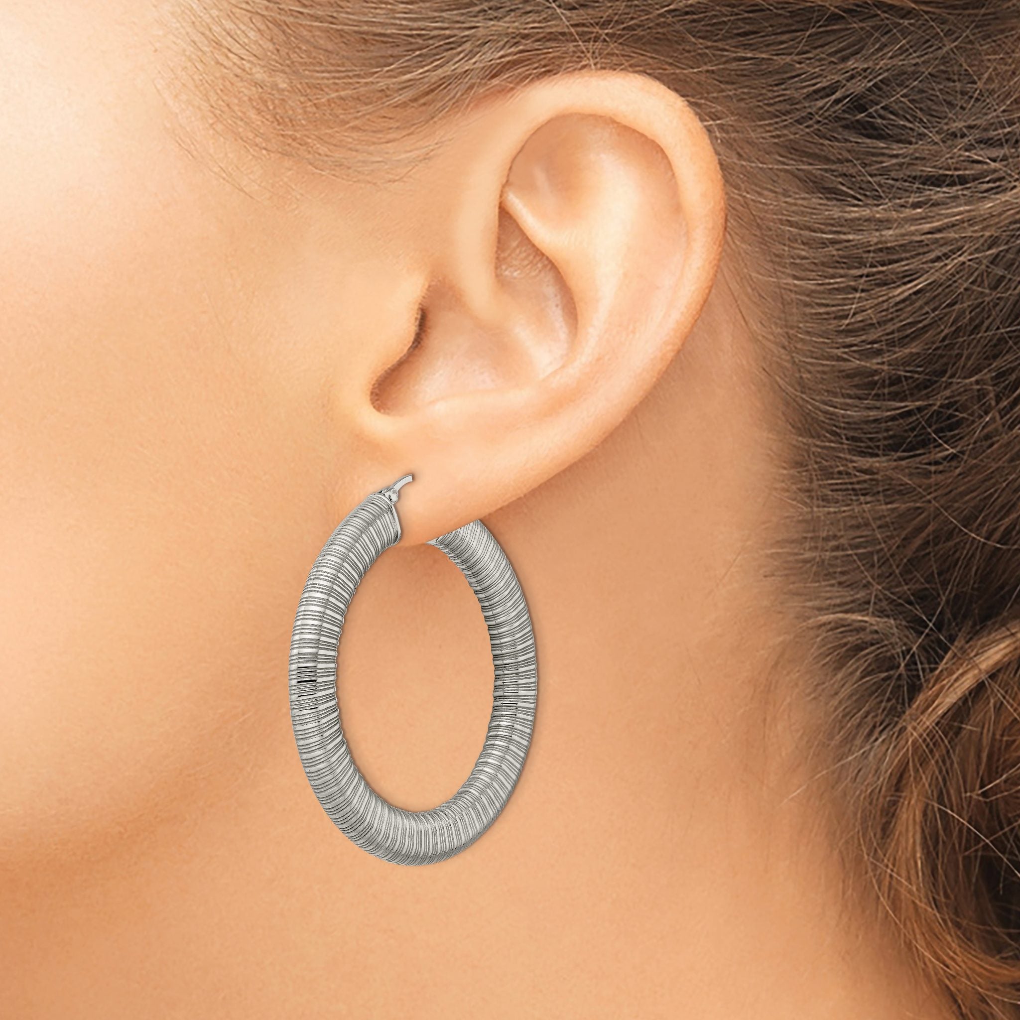 Stainless Steel Polished Textured Hoop Earrings for Women
