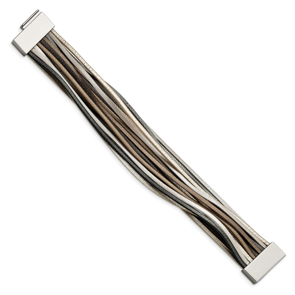 Stainless Steel Polished Multi-Strand Metallic Faux Leather Bracelet for Women