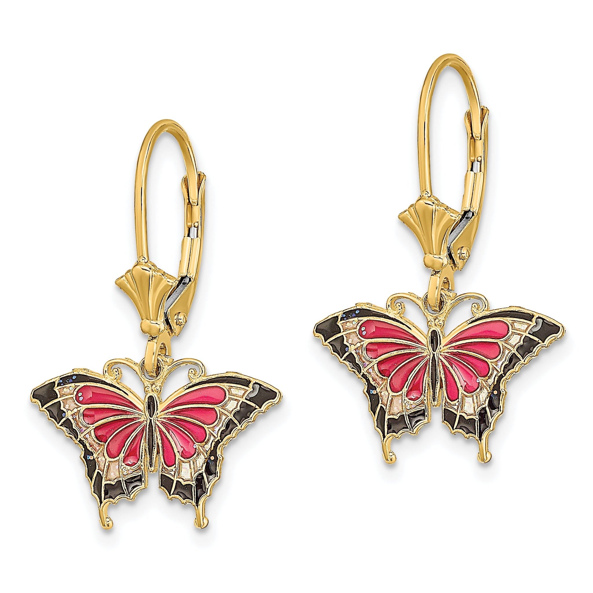 14K Pink Enameled Butterfly Leverback Earrings Secondary image