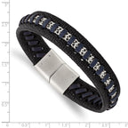 Stainless Steel Polished Black and Blue Leather Bracelet for Men