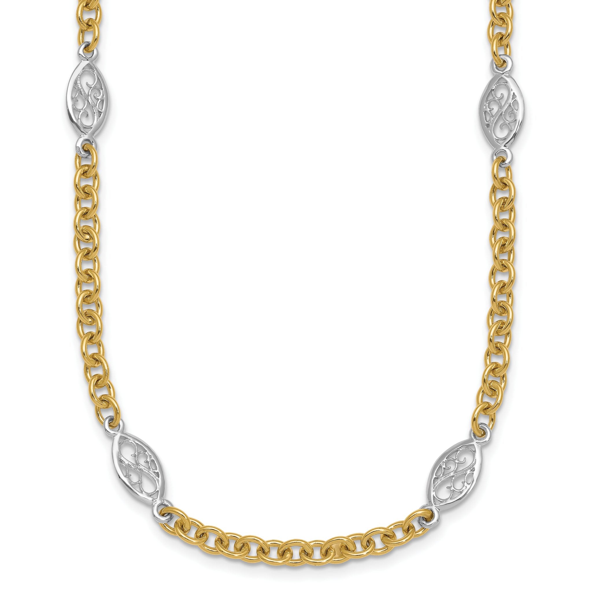 14k Two-tone Polished 6.5mm Fancy Cable Chain and Filigree Oval 18 inch Necklace Main image