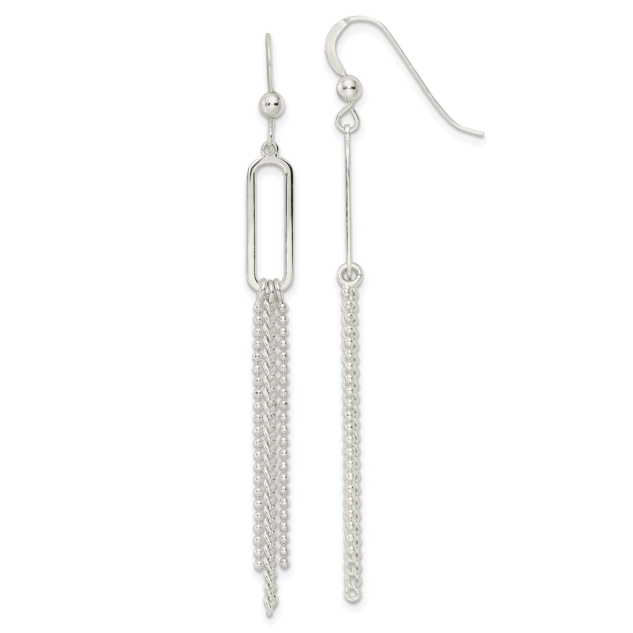 Sterling Silver Polished Oval and Multi-Strand Beaded Chain Dangle Earrings Main image