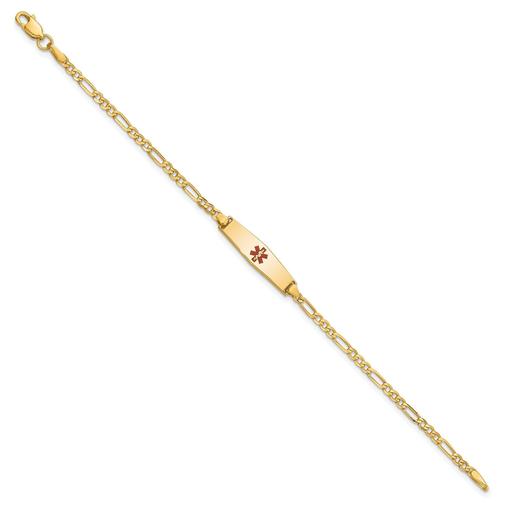 14k Medical Solid Chain/Solid Plate 20x5mm Soft Diamond Shape Centered Red Enamel Figaro Link 8 inch ID Bracelet
