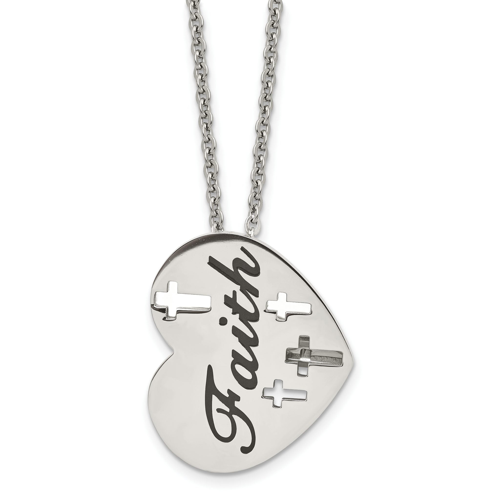 Chisel Stainless Steel Polished and Enameled FAITH Heart with Cross Cut out Pendnat on a 20 inch Cable Chain Necklace Main image