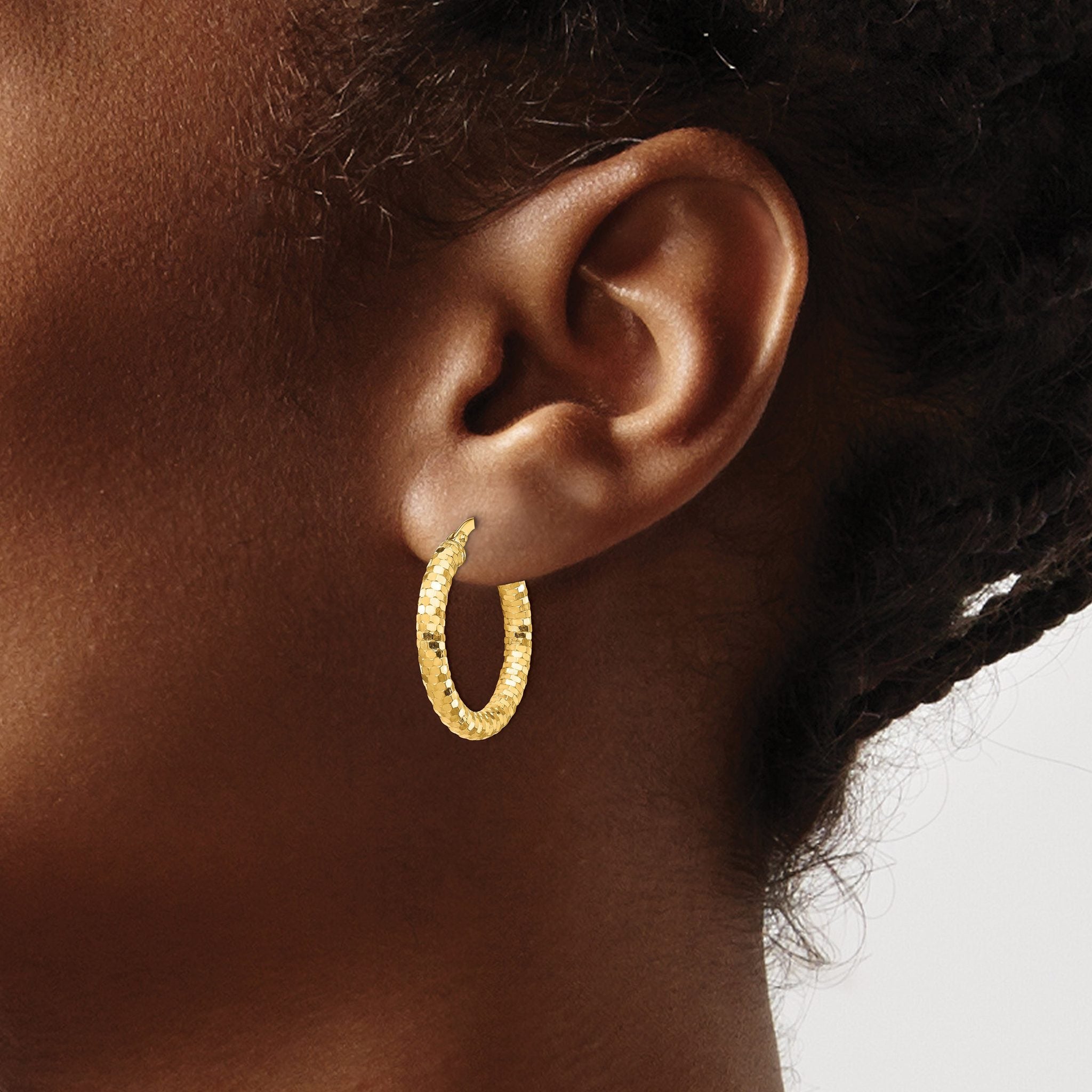 14K 3x22mm Diamond-cut Hoop Earrings