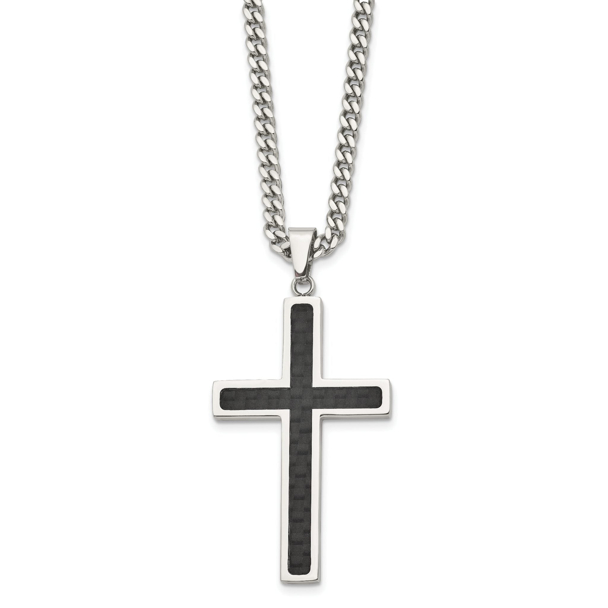 Stainless Steel Cross Pendant with Polished Black Carbon Fiber Inlay Necklace Main image