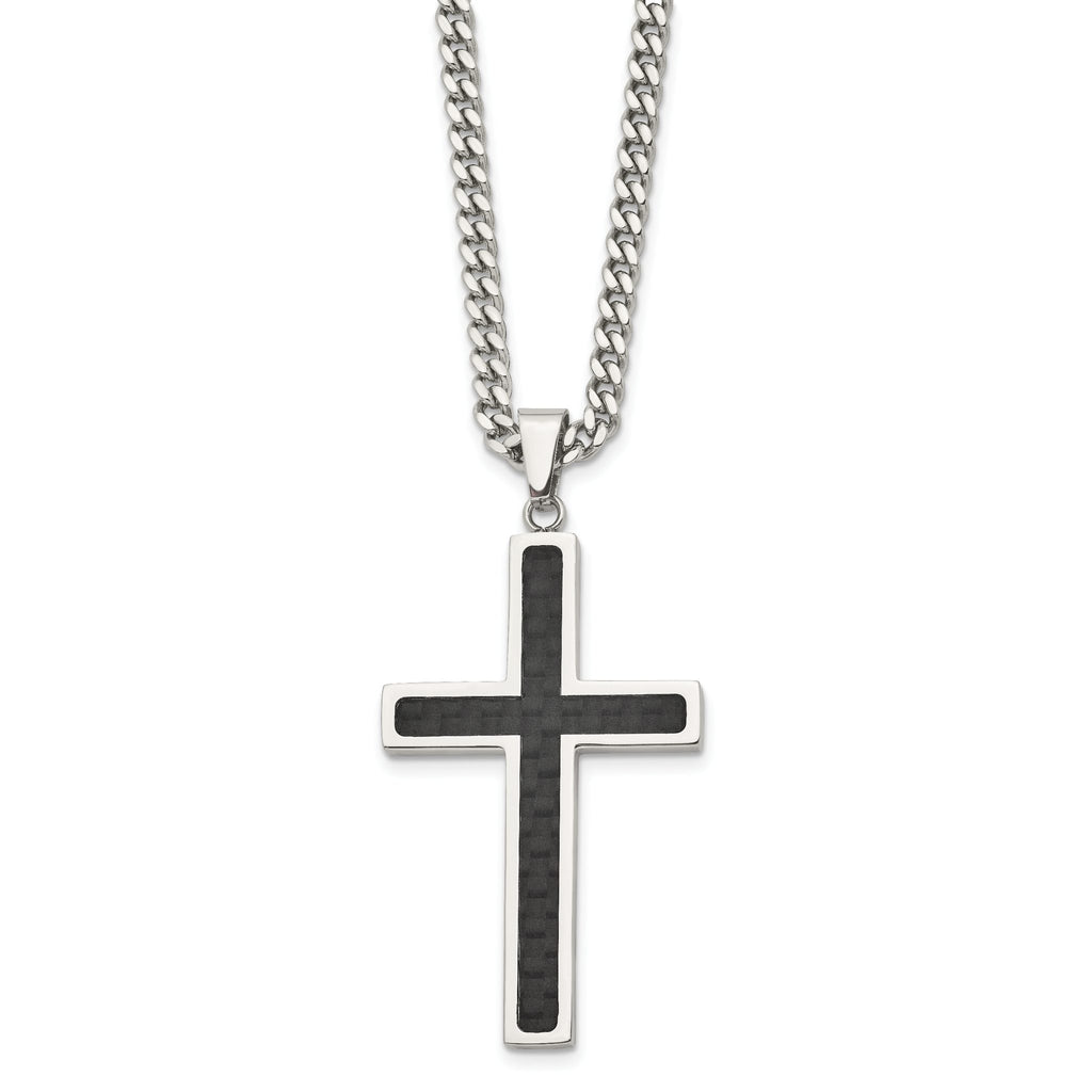 Stainless Steel Cross Pendant with Polished Black Carbon Fiber Inlay Necklace