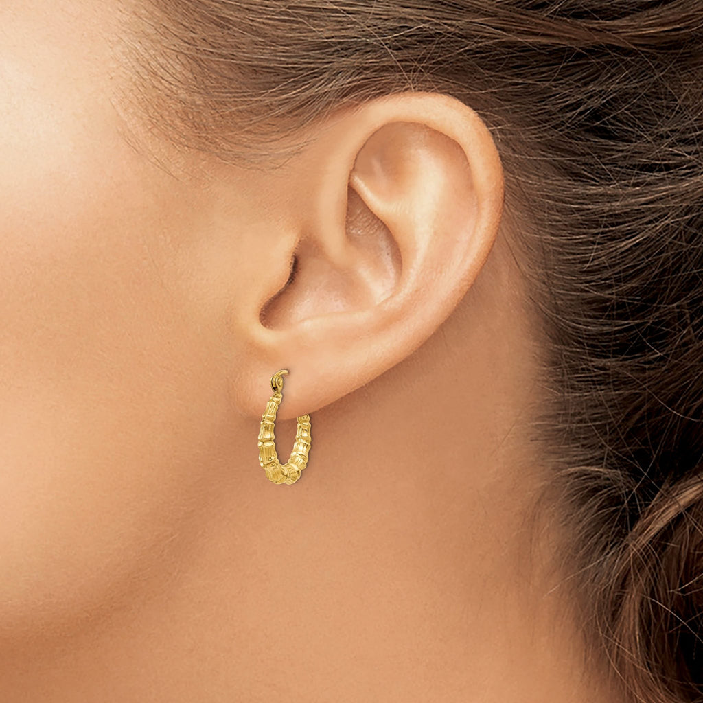 14K Gold Polished Bamboo Hoop Earrings with Elegant Hollow Design