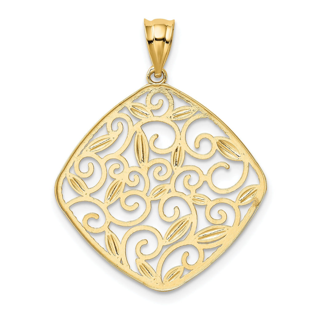 14K Yellow Gold With Rhodium Diamond-Cut and Polished Filigree Swirl Pendant