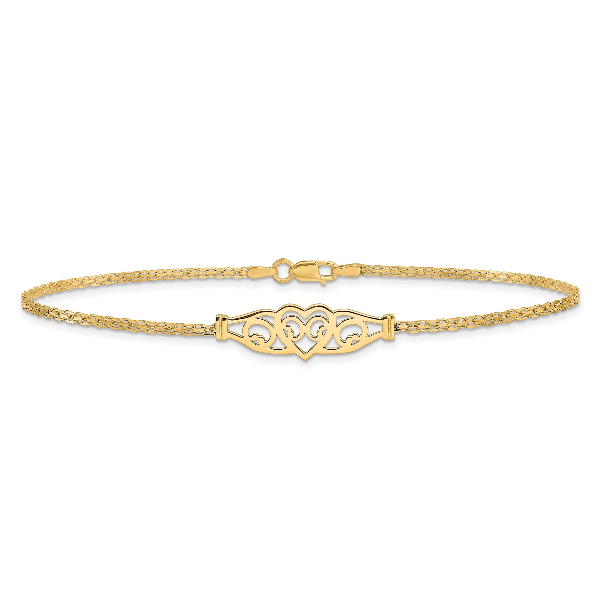 14k Polished Filigree Heart 9in Anklet