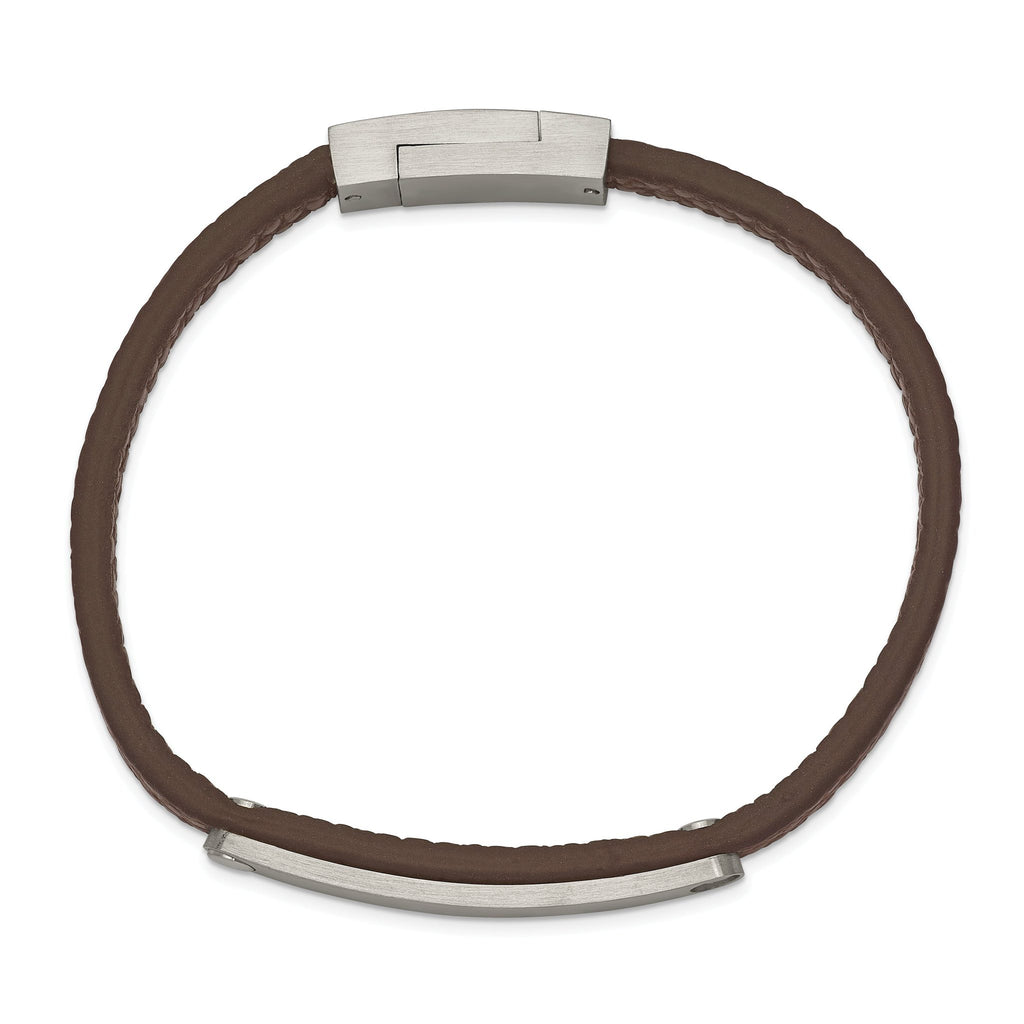 Stainless Steel Brushed Brown Leather ID Bracelet for Men
