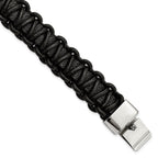Stainless Steel Polished Rounded Braided Black Leather Bracelet for Men
