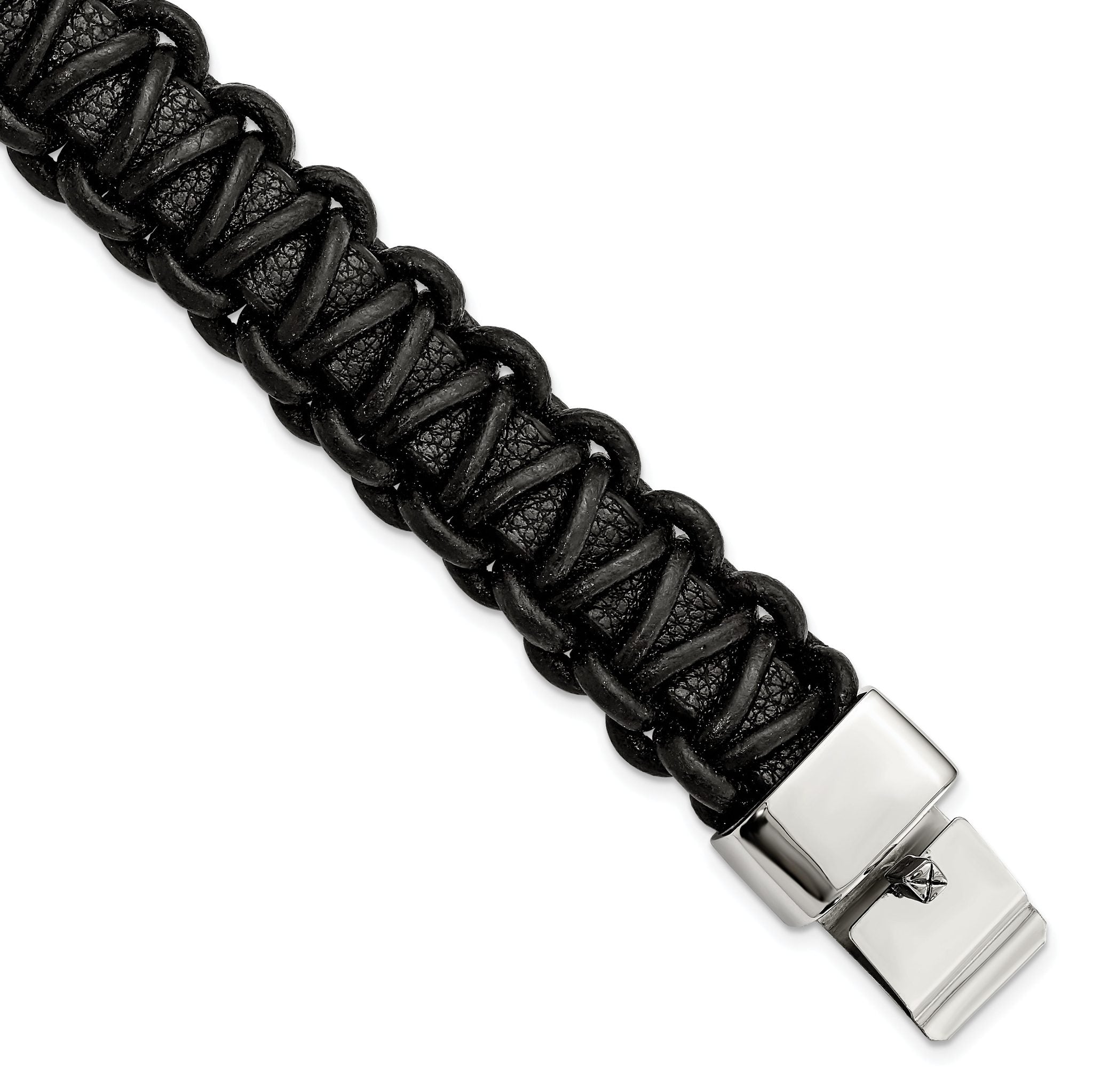 Stainless Steel Polished Rounded Braided Black Leather Bracelet for Men