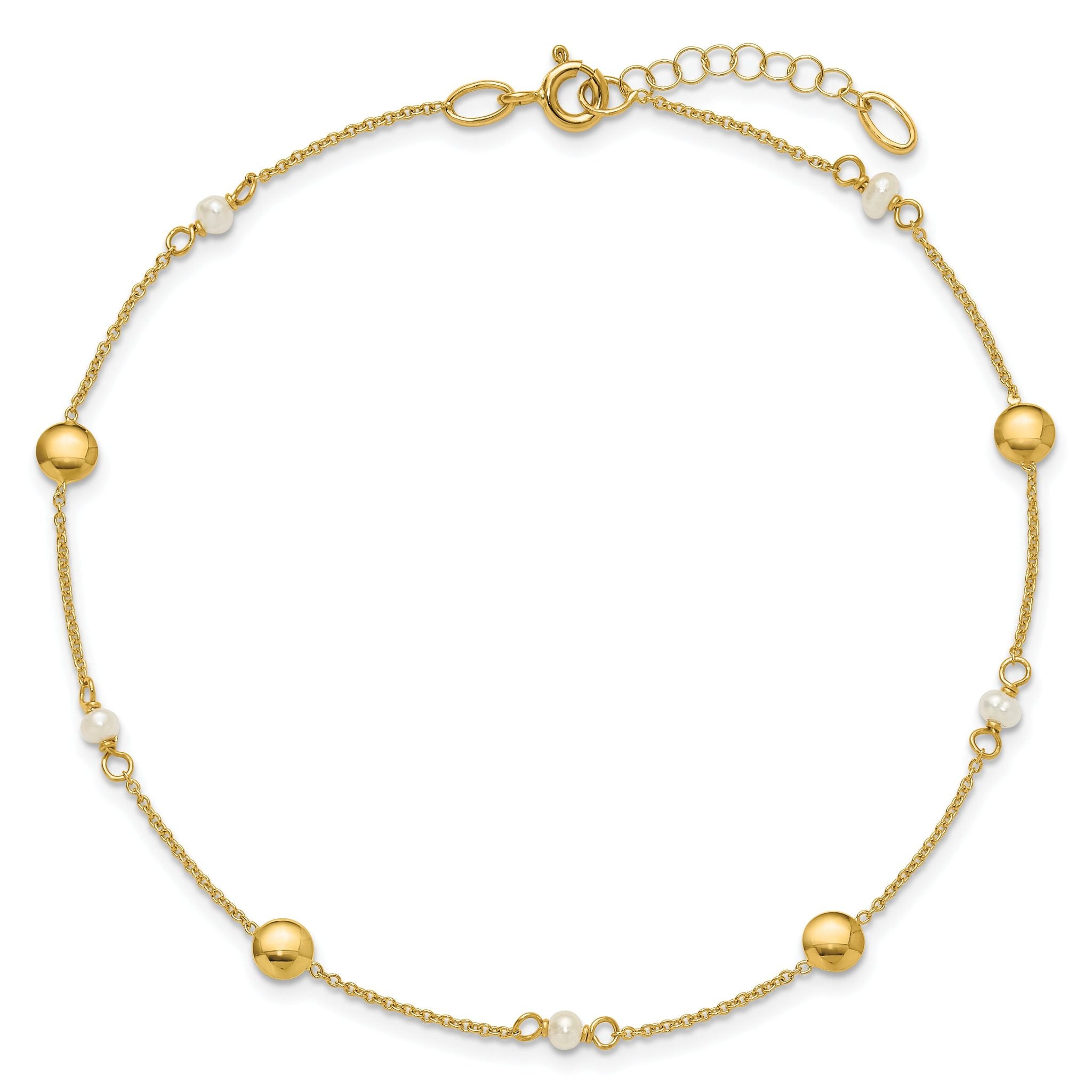 14K Freshwater Cultured Pearl / Round Beads 9 inch Plus 1 inch Extender - Total 10 inch Anklet