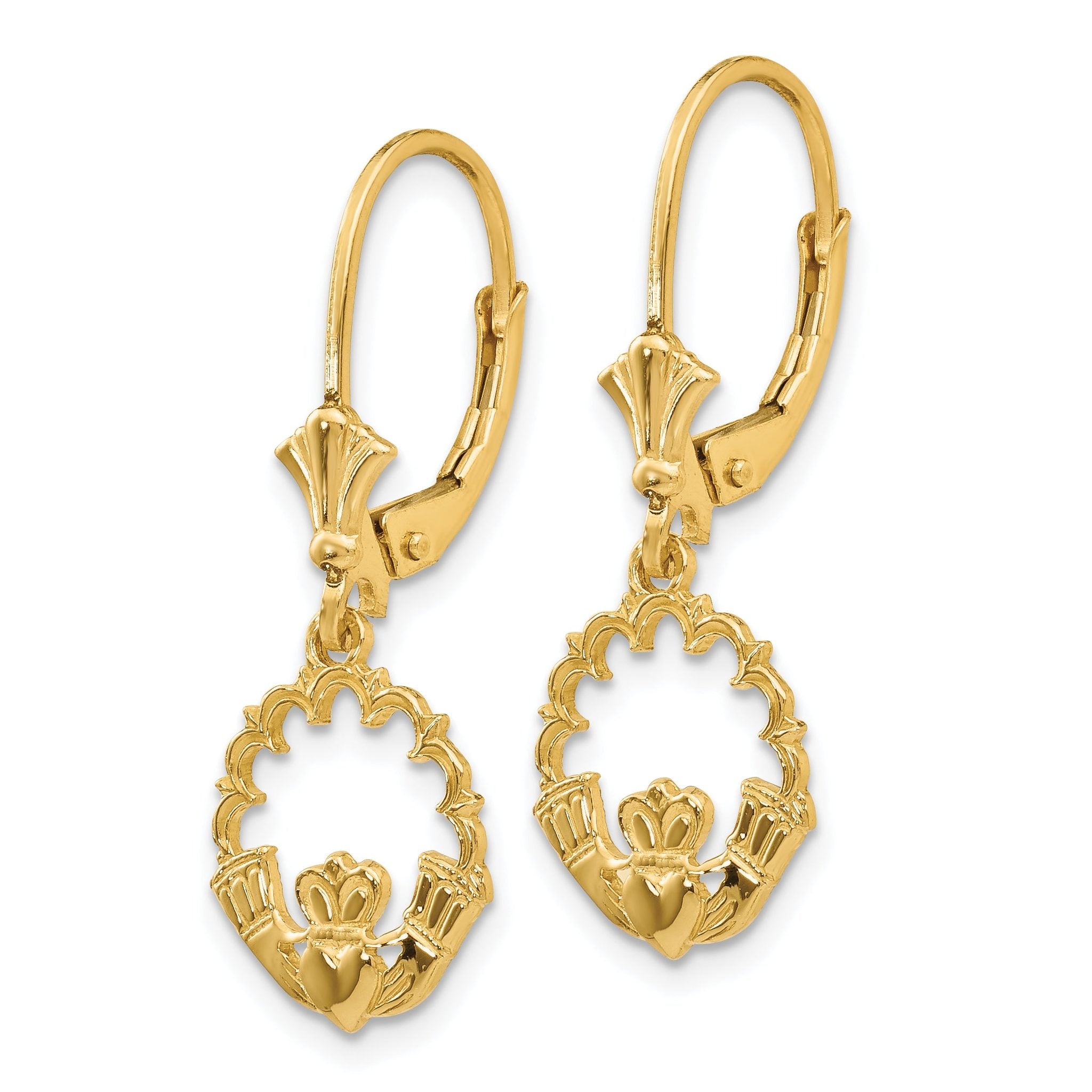 14K Gold Claddagh Drop Earrings with Polished Leverback Closure. Secondary image