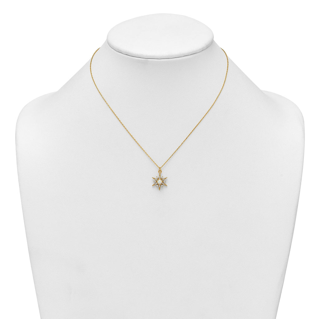 Sterling Silver Gold-Tone Polished Lab Created Opal and CZ Starburst 16 Inch with 2 Inch Extension Necklace