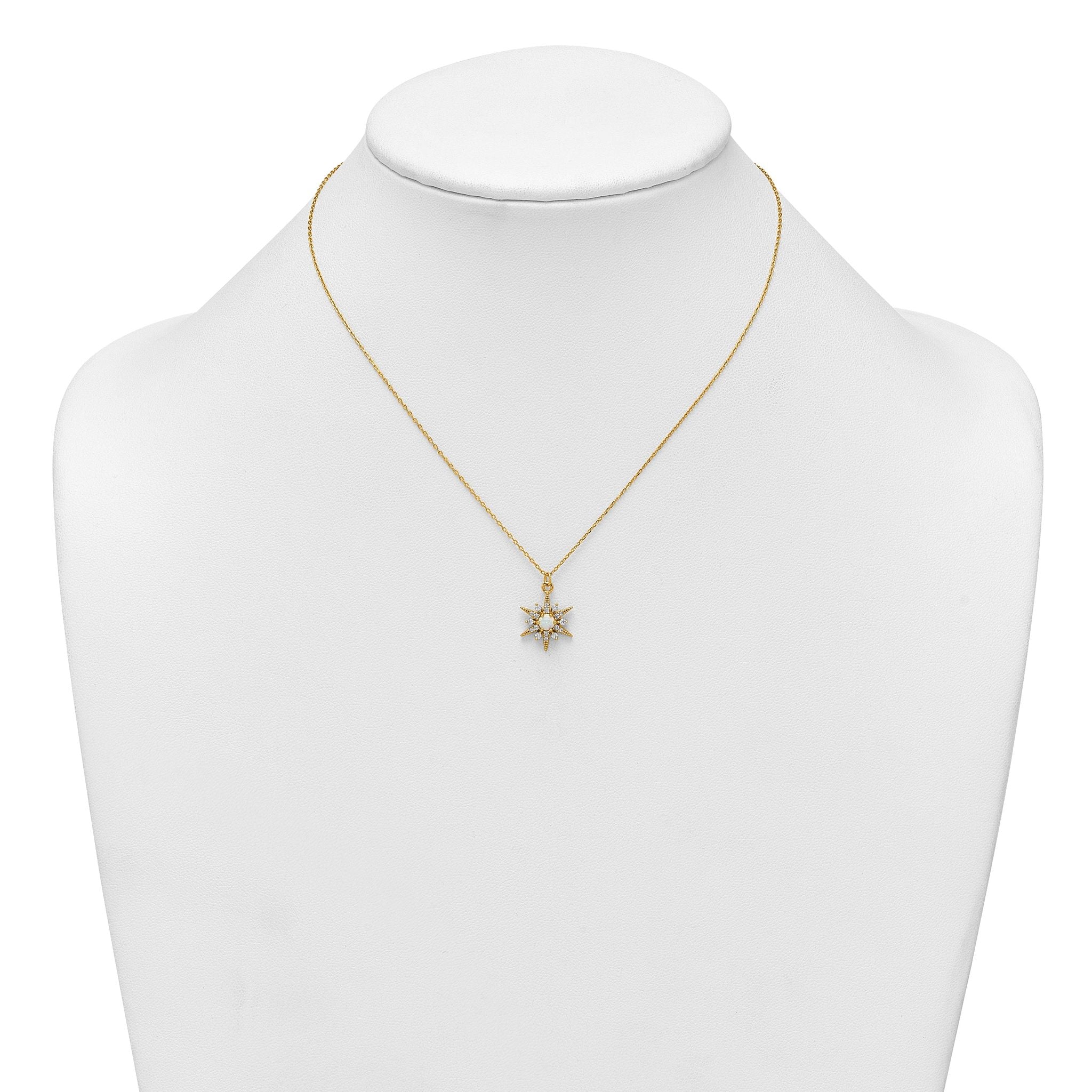 Sterling Silver Gold-Tone Polished Lab Created Opal and CZ Starburst 16 Inch with 2 Inch Extension Necklace
