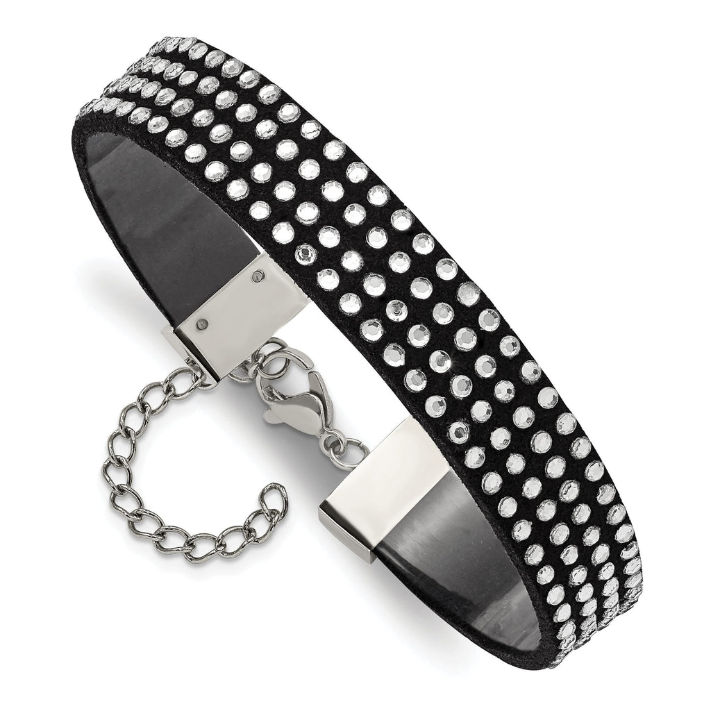 Stainless Steel Polished Black Leather with Crystals with ext Bracelet for Women